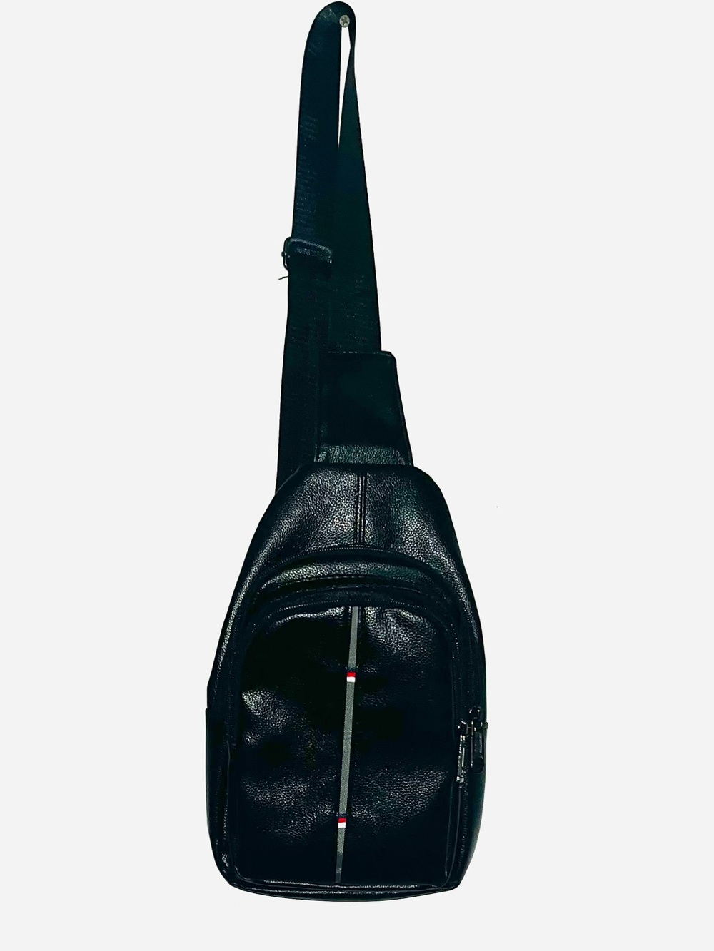 Tommy Hilfiger Black Leather Crossbody Sling Bag with Signature Trim